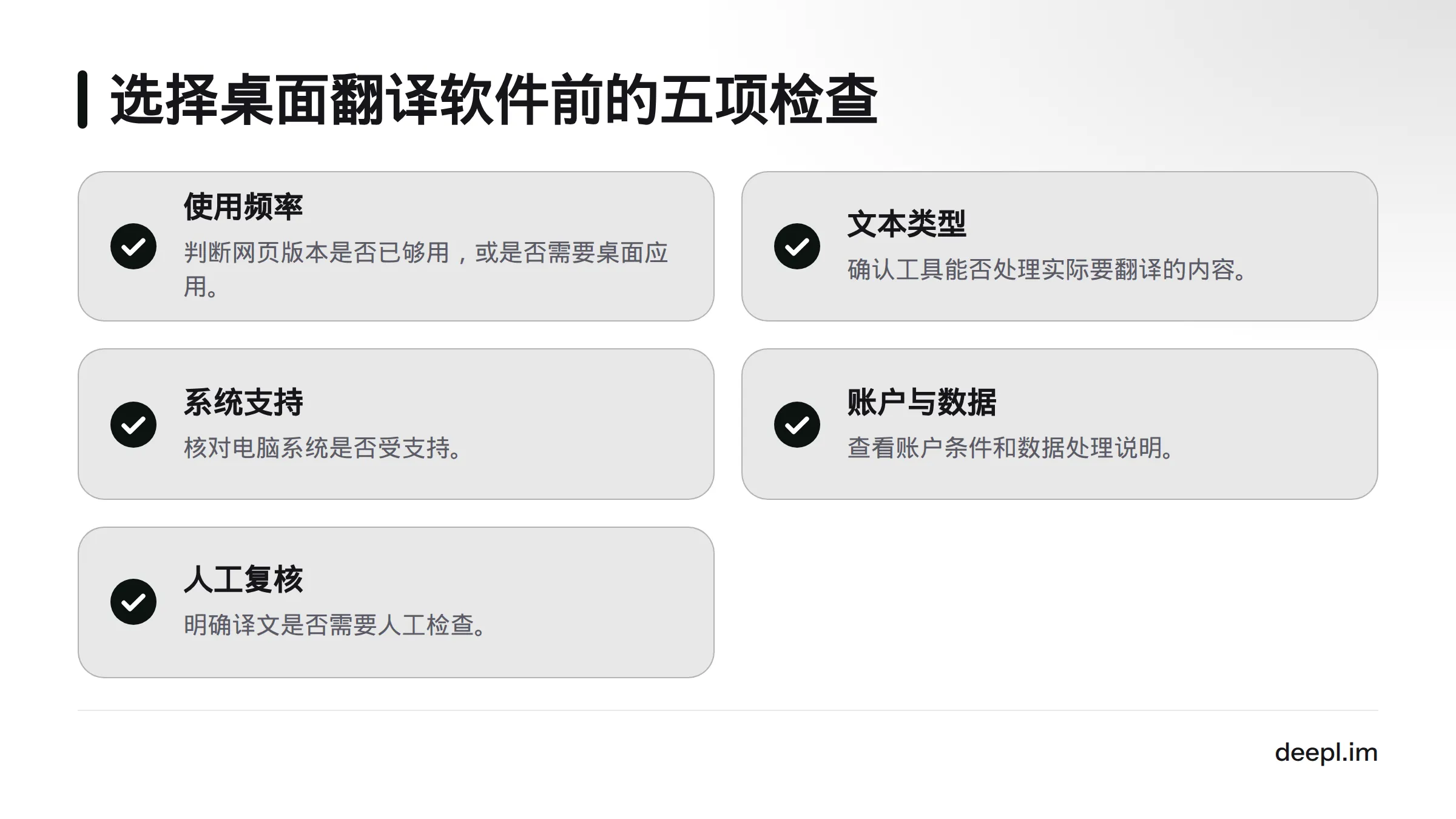 选择工具前应检查使用频率、文本类型、系统支持、账户与数据说明，以及人工复核要求。